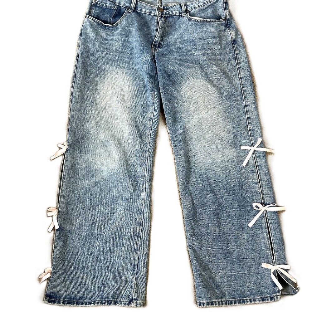Rise Supply Co Mid Rise Wide Leg Jeans Slit Sides With Bow Accent Size 15